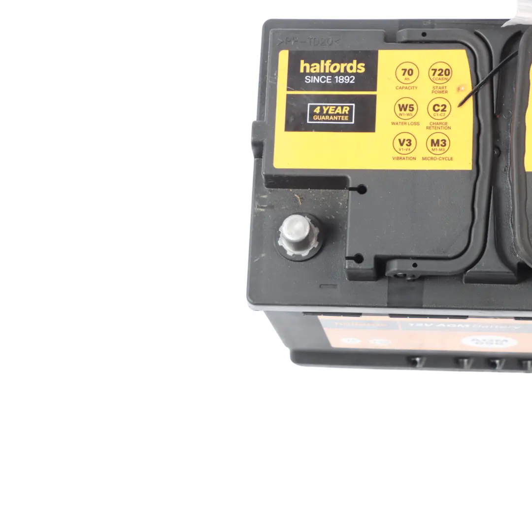 Halfords 12V AGM 096 Start Stop Accumulator Battery 70Ah 720A to with Part number HALFORDS-AGM-70AH Halfords 12V AGM 096 Start Stop Accumulator Battery 70Ah 720A - SKU HALFORDS-AGM-70AH - Part number HALFORDS-AGM-70AH