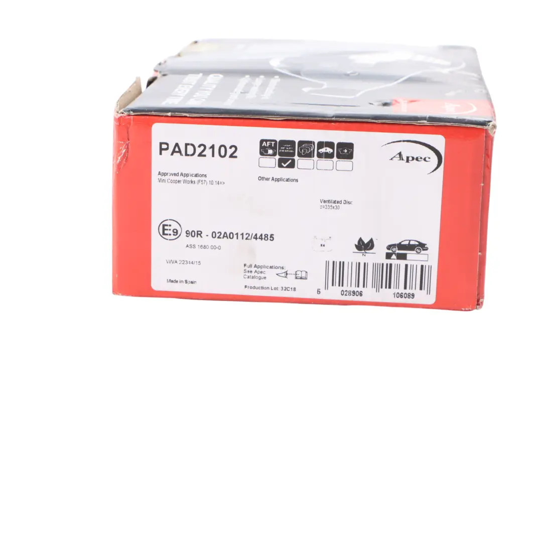Front Wheel Brake Pad Set Apec Braking Unit Kit to BMW F40 Mini F56 F60 with Part number PAD2102 BMW F40 Mini F56 F60 Front Wheel Brake Pad Set Apec Braking Unit Kit - SKU PAD2102 - Part number PAD2102