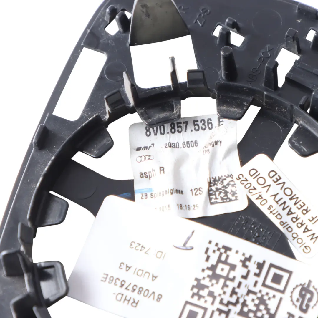 Wing Mirror Glass Outside Mirror Glazing Door Right O/S to Audi A3 S3 8V with Part number 8V0857536E Audi A3 S3 8V Wing Mirror Glass Outside Mirror Glazing Door Right O/S - SKU RHD-8V0857536E - Part number 8V0857536E