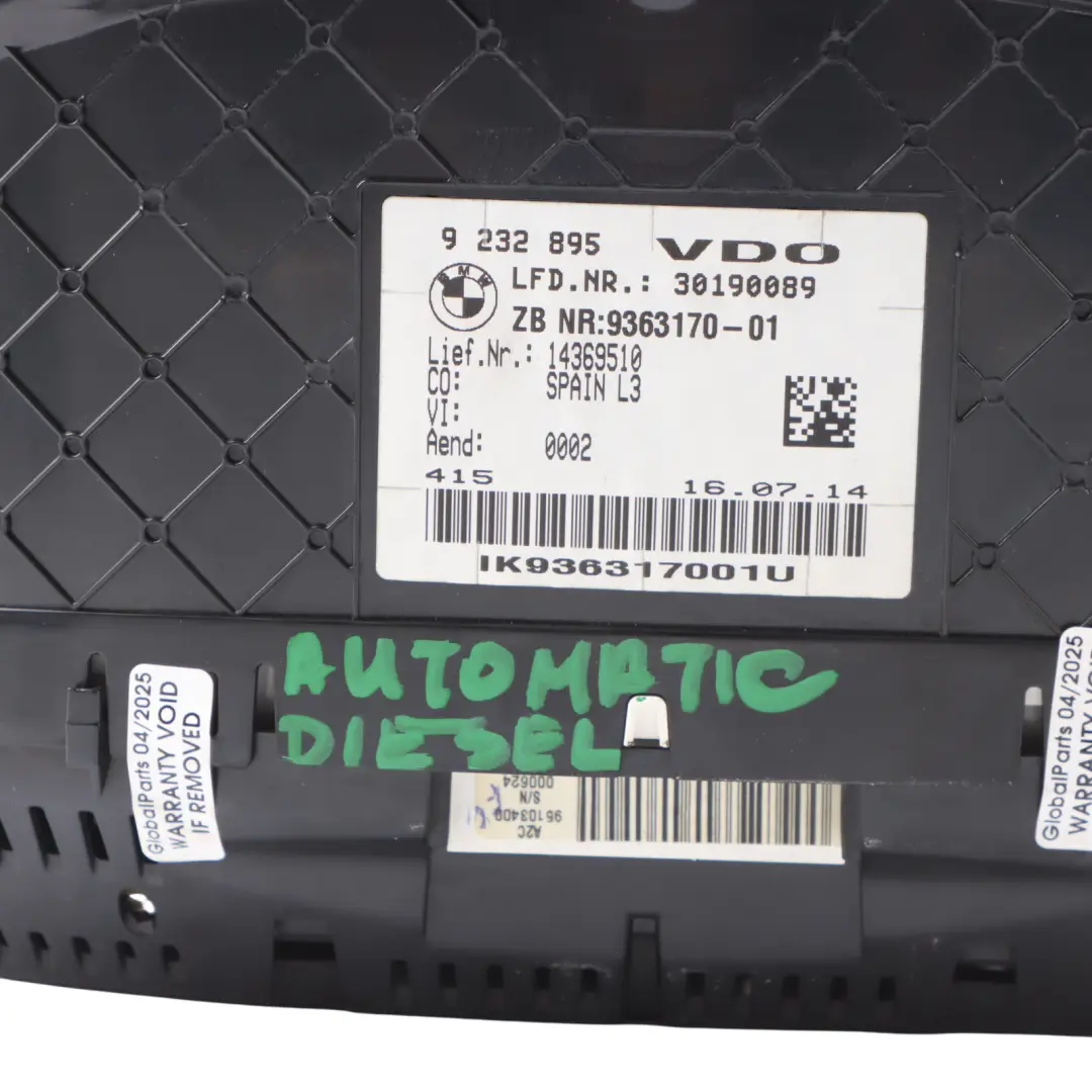 BMW F30 Diesel Instrument Cluster Speedometer Clocks Automatic - SKU RHD-9363170 - Part number 9363170