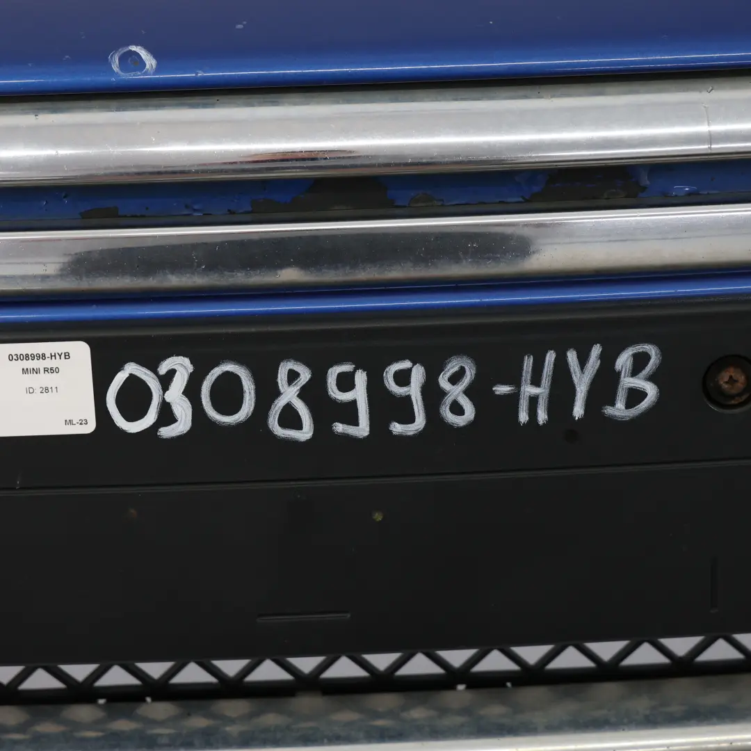Front Bumper Complete Trim Panel Hyper Blue Metallic - A28 to Mini R50 R52 with Part number 0308998 Mini R50 R52 Front Bumper Complete Trim Panel Hyper Blue Metallic - A28 - SKU 0308998-HYB - Part number 0308998