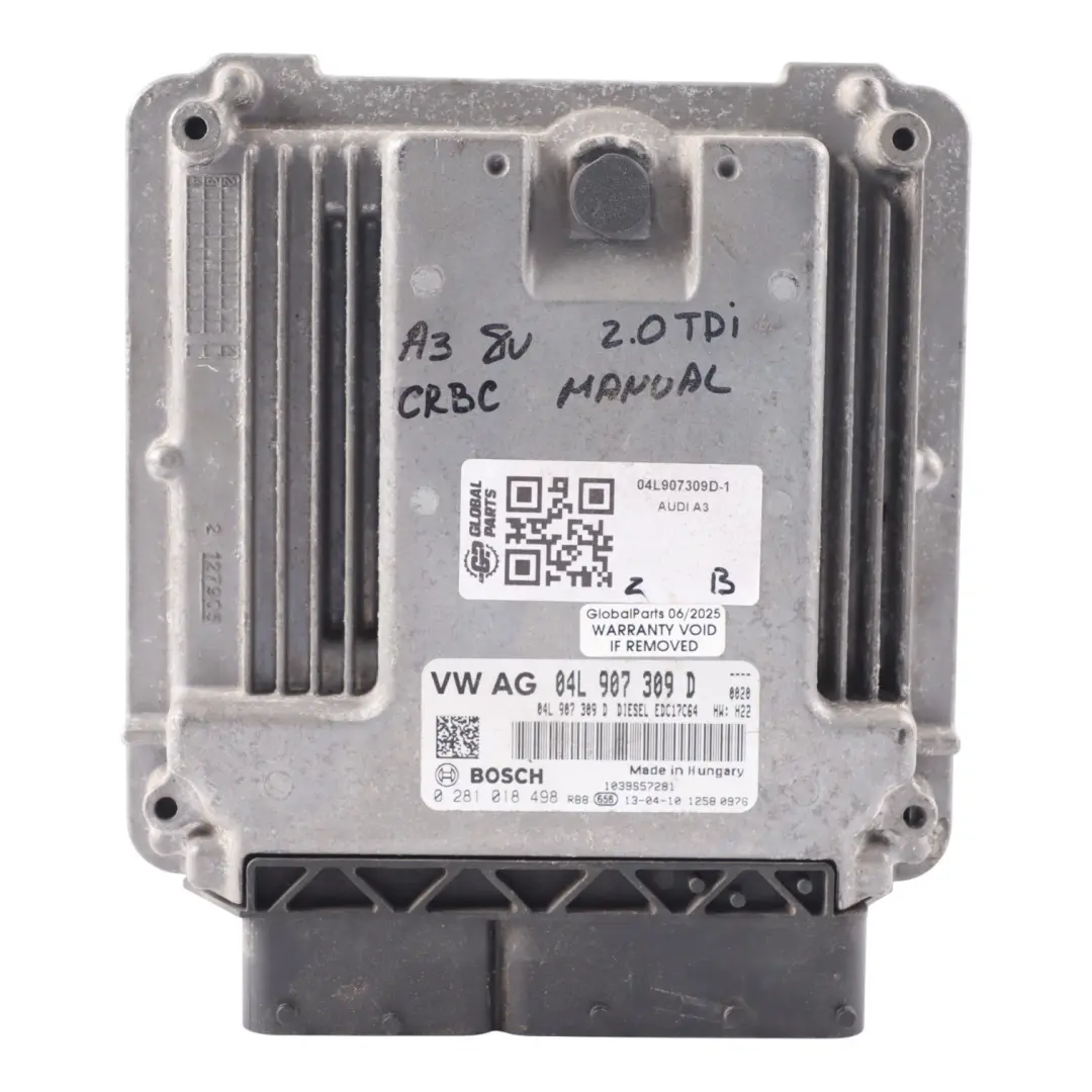 Audi A3 8V 2.0 TDI CRBC 150HP Engine Control Module Unit ECU Manual - SKU 04L907309D-1 - Part number 04L907309D