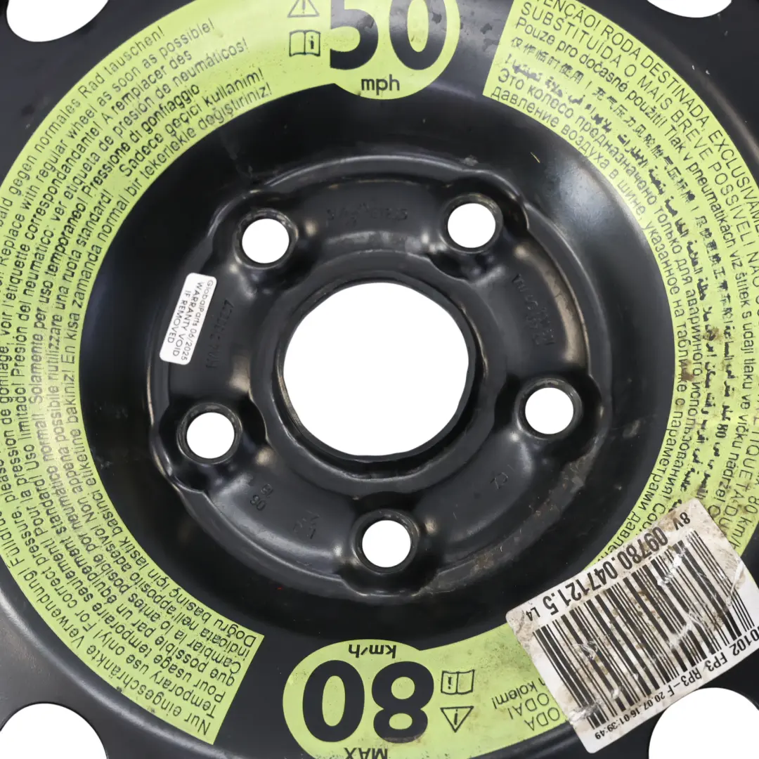 Roue De Secours Pneu Acier R16 3.5J ET : 25.5 125/70 pour VW Golf Mk7 VII à propos du numéro de pièce 5Q0601027AR VW Golf Mk7 VII Roue De Secours Pneu Acier R16 3.5J ET : 25.5 125/70 - SKU 5Q0601027AR-1 - Numéro de pièce 5Q0601027AR