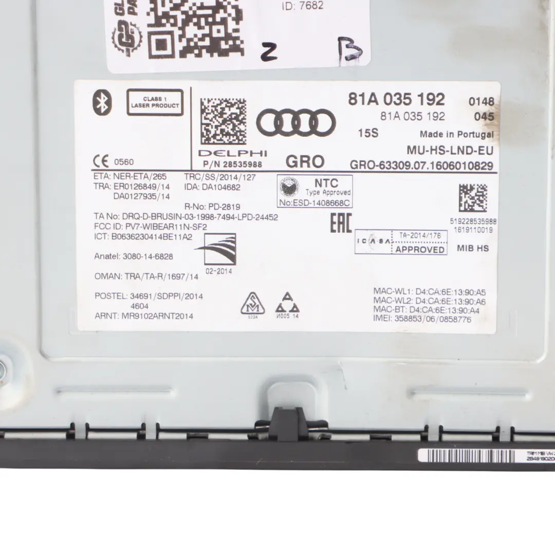 Radio CD SD SIM Player Stereo Sat Nav Head Unit to Audi A3 8V with Part number 81A035192 Audi A3 8V Radio CD SD SIM Player Stereo Sat Nav Head Unit - SKU 81A035192 - Part number 81A035192