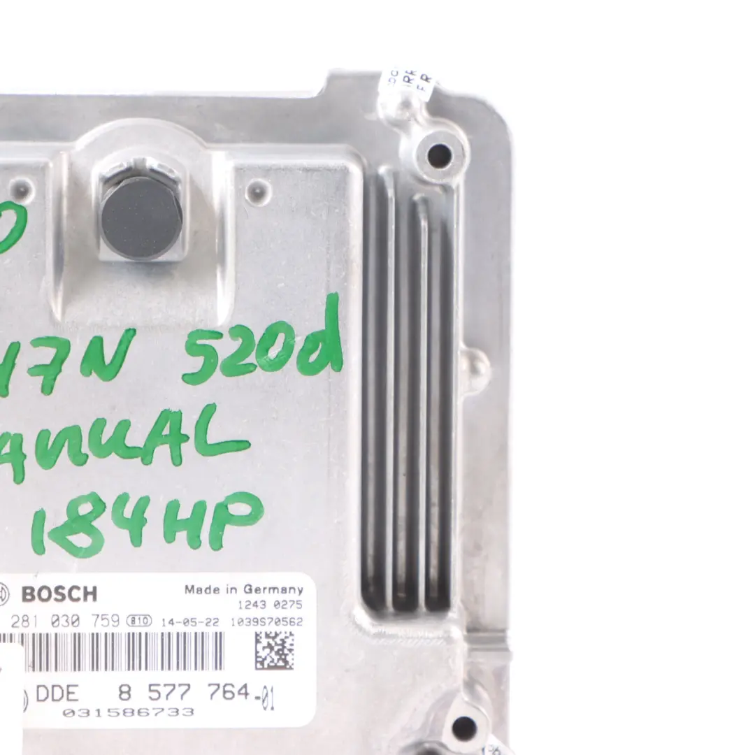 BMW F10 F11 F30 F31 520d Diesel N47N 184HP Engine Control ECU DDE 8577764 Manual - SKU 8577764-3 - Part number 8586534