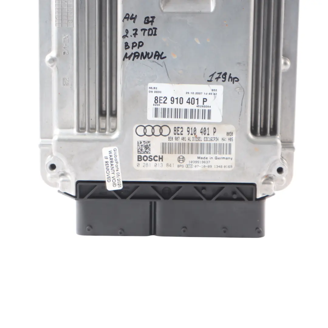 Audi A4 B7 2.7 TDI BPP 179HP Diesel Engine Unit Module ECU Manual - SKU 8E2910401P - Part number 8E2910401P