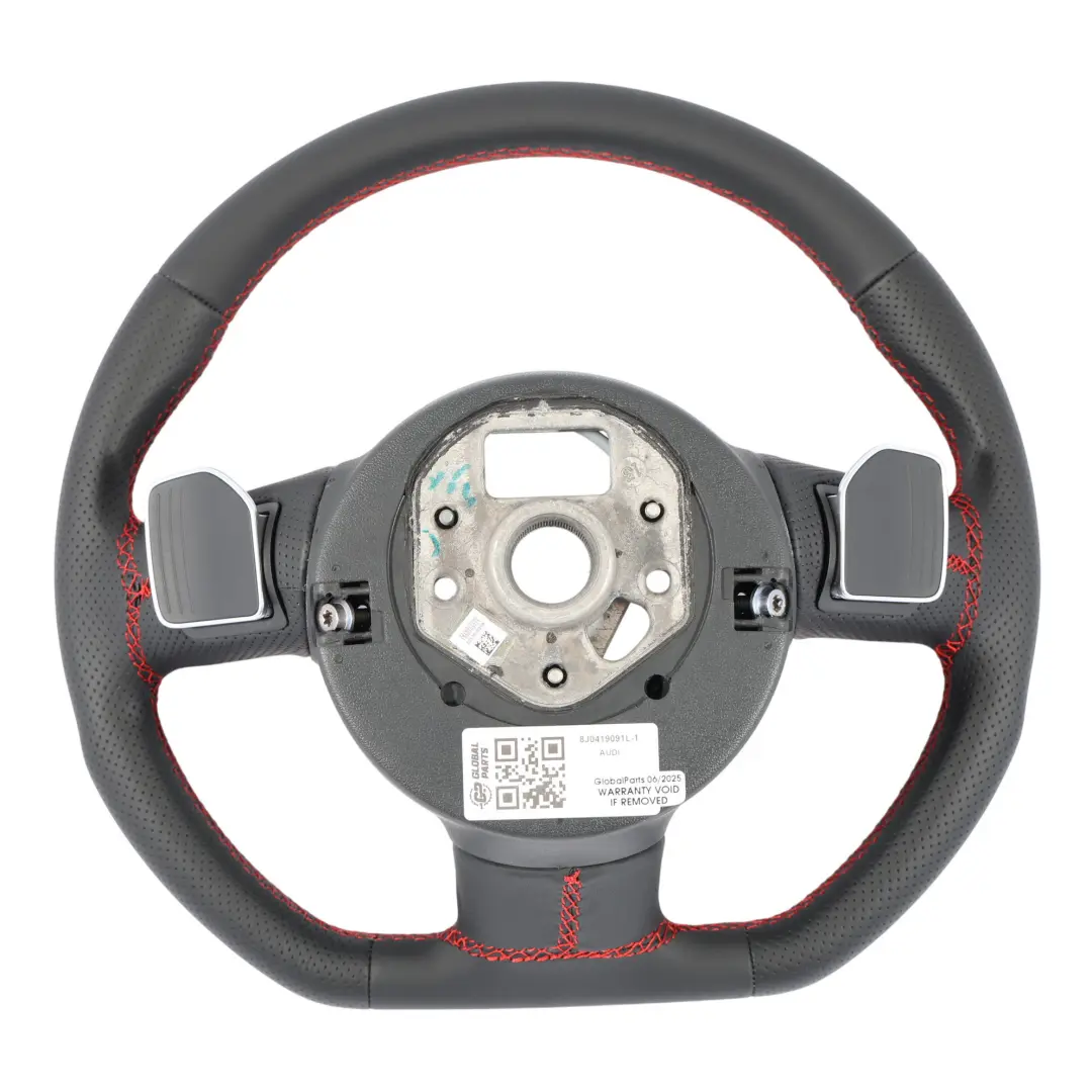 Steering Wheel NEW Black Leather Flat Bottom Red Threads to Audi TTS 8J with Part number 8J0419091L Audi TTS 8J Steering Wheel NEW Black Leather Flat Bottom Red Threads - SKU 8J0419091L-1 - Part number 8J0419091L