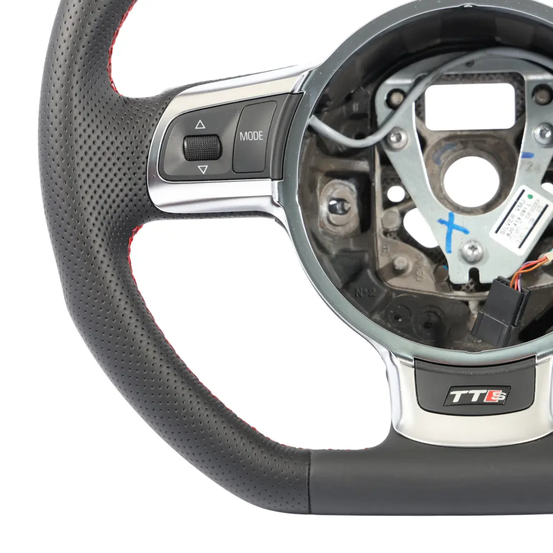 Steering Wheel NEW Black Leather Flat Bottom Red Threads to Audi TTS 8J with Part number 8J0419091L Audi TTS 8J Steering Wheel NEW Black Leather Flat Bottom Red Threads - SKU 8J0419091L-1 - Part number 8J0419091L