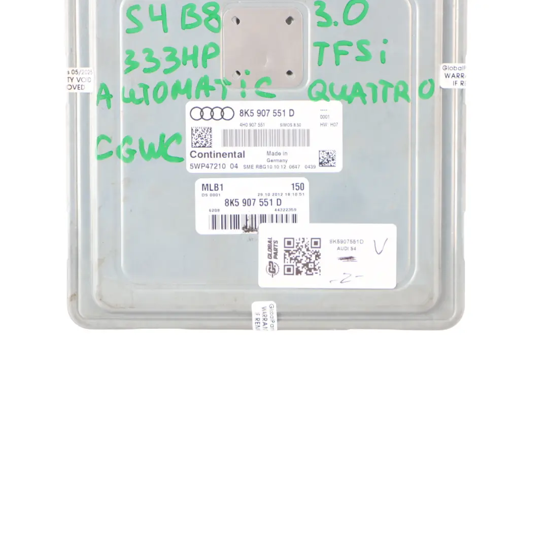 CGWC Quattro 333HP Engine ECU Automatic to Audi S4 B8 3.0 TFSI with Part number 8K5907551D Audi S4 B8 3.0 TFSI CGWC Quattro 333HP Engine ECU Automatic - SKU 8K5907551D - Part number 8K5907551D