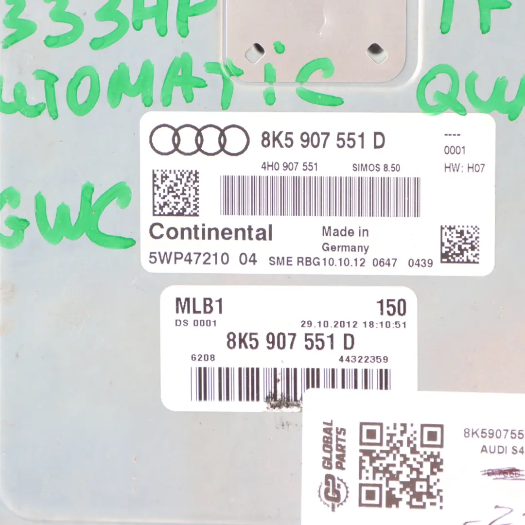 Audi S4 B8 3.0 TFSI CGWC Quattro 333HP Engine ECU Automatic - SKU 8K5907551D - Part number 8K5907551D