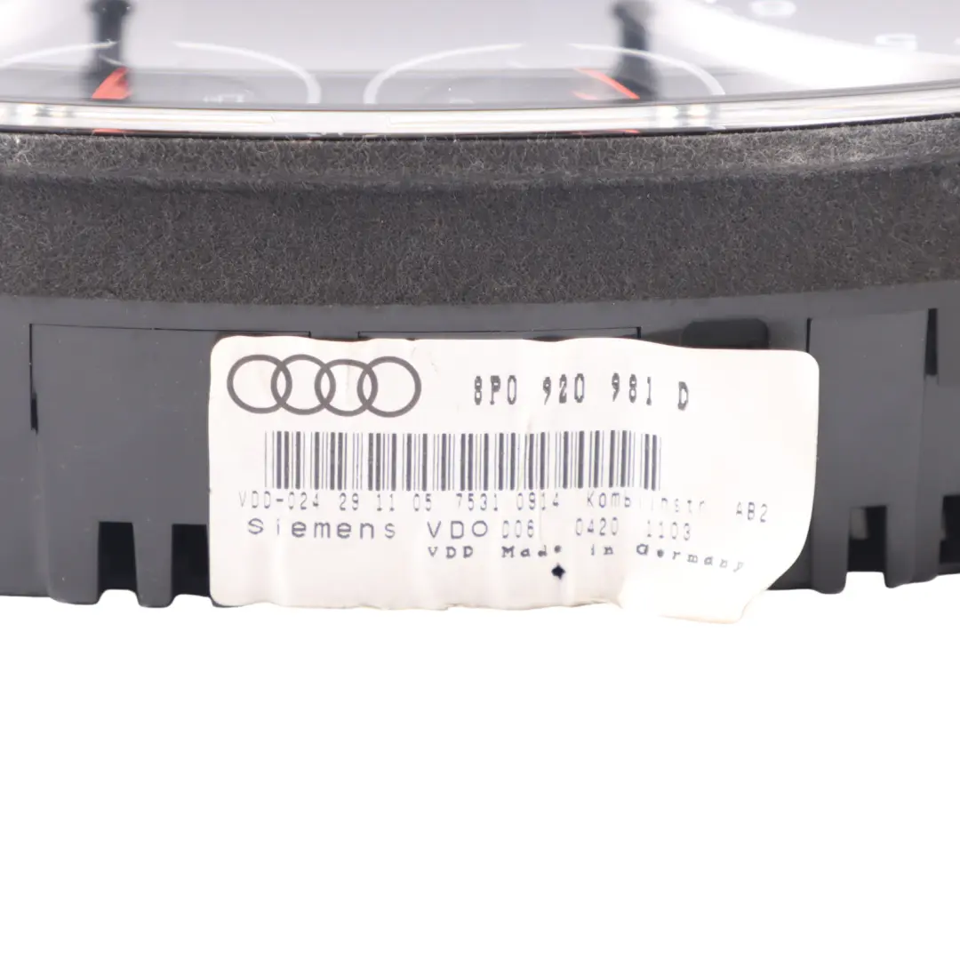 Instrument Cluster Speedo Meter Clocks to Audi A3 8P 2.0 TDI with Part number 8P0920981D Audi A3 8P 2.0 TDI Instrument Cluster Speedo Meter Clocks - SKU 8P0920981D - Part number 8P0920981D