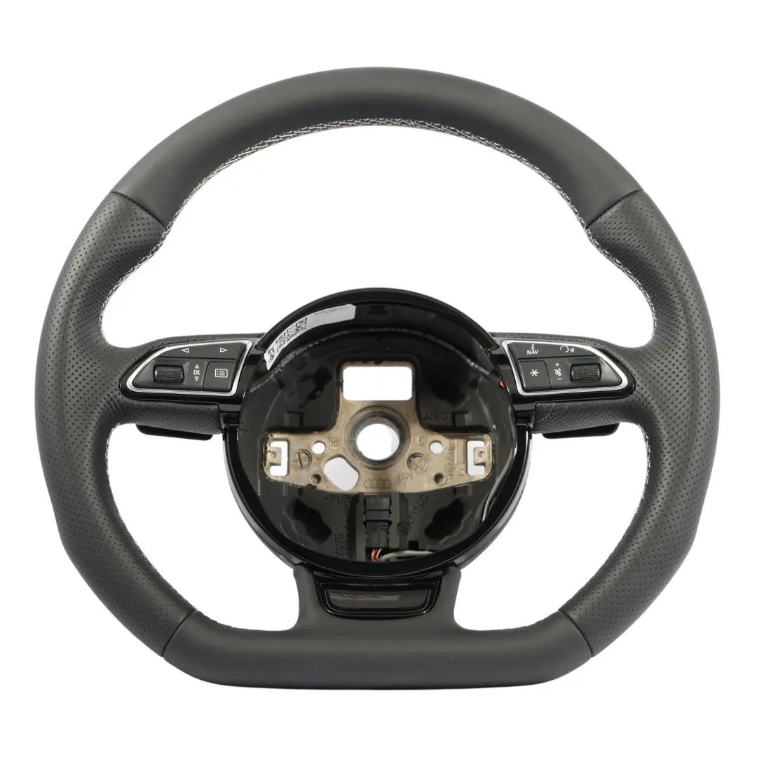 Steering Wheel NEW Black Leather Flat Bottom White Threads to Audi A3 8V with Part number 8V0419091S Audi A3 8V Steering Wheel NEW Black Leather Flat Bottom White Threads - SKU 8V0419091S-1 - Part number 8V0419091S