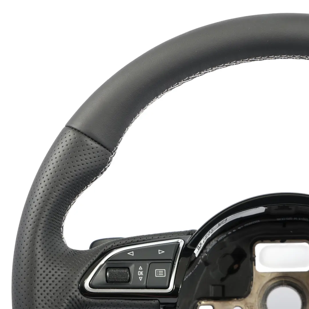Steering Wheel NEW Black Leather Flat Bottom White Threads to Audi A3 8V with Part number 8V0419091S Audi A3 8V Steering Wheel NEW Black Leather Flat Bottom White Threads - SKU 8V0419091S-1 - Part number 8V0419091S