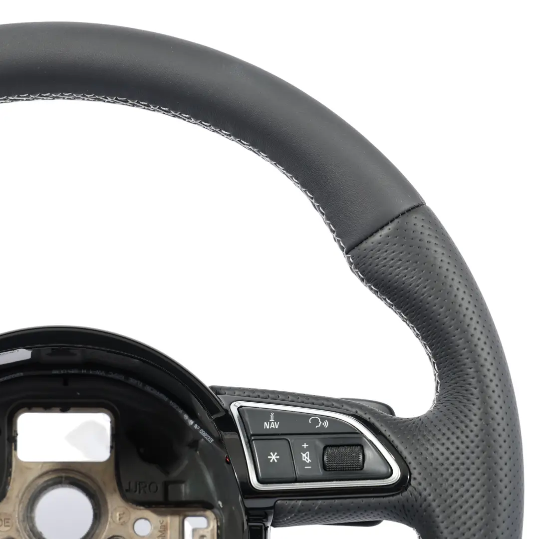 Steering Wheel NEW Black Leather Flat Bottom White Threads to Audi A3 8V with Part number 8V0419091S Audi A3 8V Steering Wheel NEW Black Leather Flat Bottom White Threads - SKU 8V0419091S-1 - Part number 8V0419091S