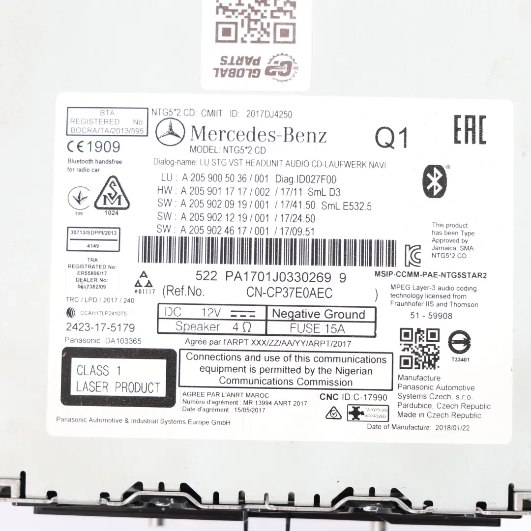 Mercedes W205 W253 CD Radio Audio Navigatore Satellitare Unità - SKU A2059005036 - Numero di parte A2059005036