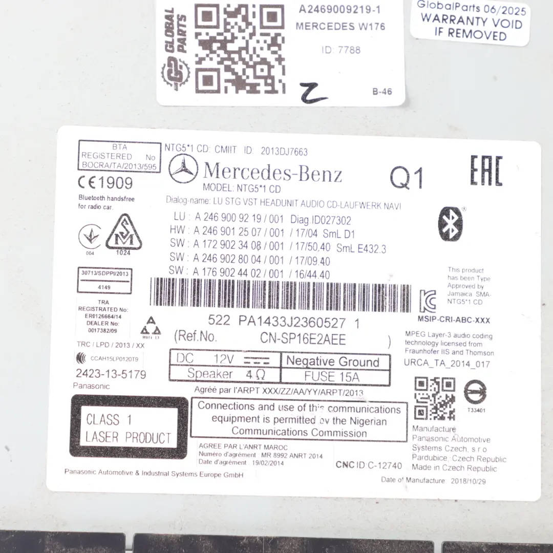 Head Unit Mercedes C117 W176 W246 Radio Media Player Sat Nav Tel  - SKU A2469009219-1 - Part number A2469009219
