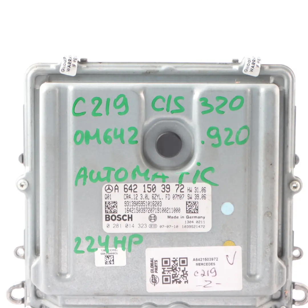 642.920 224HP Engine Module Unit ECU Automatic to Mercedes C219 CLS 320 with Part number A6421503972 Mercedes C219 CLS 320 642.920 224HP Engine Module Unit ECU Automatic - SKU A6421503972 - Part number A6421503972