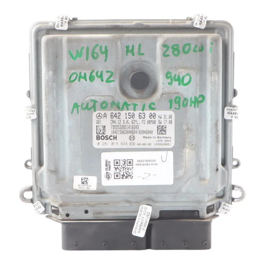 280CDI 4Matic OM642.940 190HP Engine ECU Automatic to Mercedes ML W164 with Part number A6421506300 Mercedes ML W164 280CDI 4Matic OM642.940 190HP Engine ECU Automatic - SKU A6421506300 - Part number A6421506300