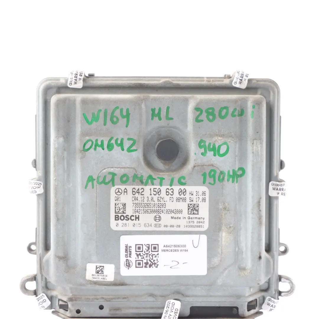 280CDI 4Matic OM642.940 190HP Engine ECU Automatic to Mercedes ML W164 with Part number A6421506300 Mercedes ML W164 280CDI 4Matic OM642.940 190HP Engine ECU Automatic - SKU A6421506300 - Part number A6421506300