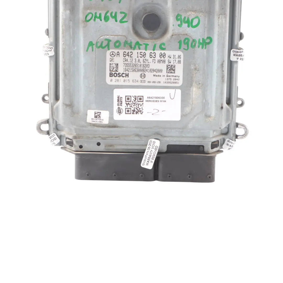 280CDI 4Matic OM642.940 190HP Engine ECU Automatic to Mercedes ML W164 with Part number A6421506300 Mercedes ML W164 280CDI 4Matic OM642.940 190HP Engine ECU Automatic - SKU A6421506300 - Part number A6421506300
