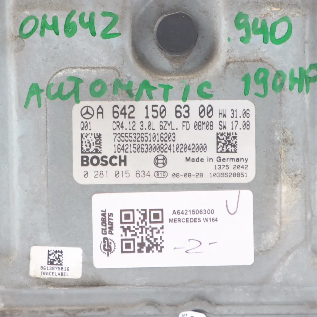 Mercedes ML W164 280CDI 4Matic OM642.940 190HP Engine ECU Automatic - SKU A6421506300 - Part number A6421506300