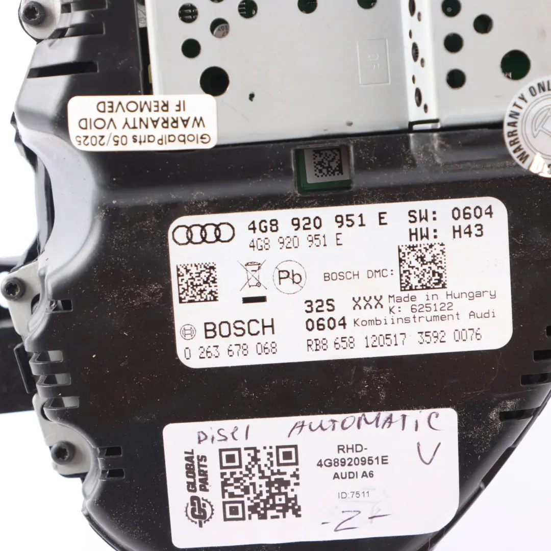 Instrument Cluster Speedo Clocks Automatic to Audi A6 C7 2.0 TDI Diesel with Part number 4G8920951E Audi A6 C7 2.0 TDI Diesel Instrument Cluster Speedo Clocks Automatic - SKU RHD-4G8920951E - Part number 4G8920951E