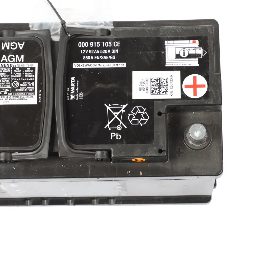 AGM Varta Car Battery 12V 92Ah 850A E to Volkswagen Audi with Part number 000915105C Volkswagen Audi AGM Varta Car Battery 12V 92Ah 850A E - SKU 000915105C - Part number 000915105C