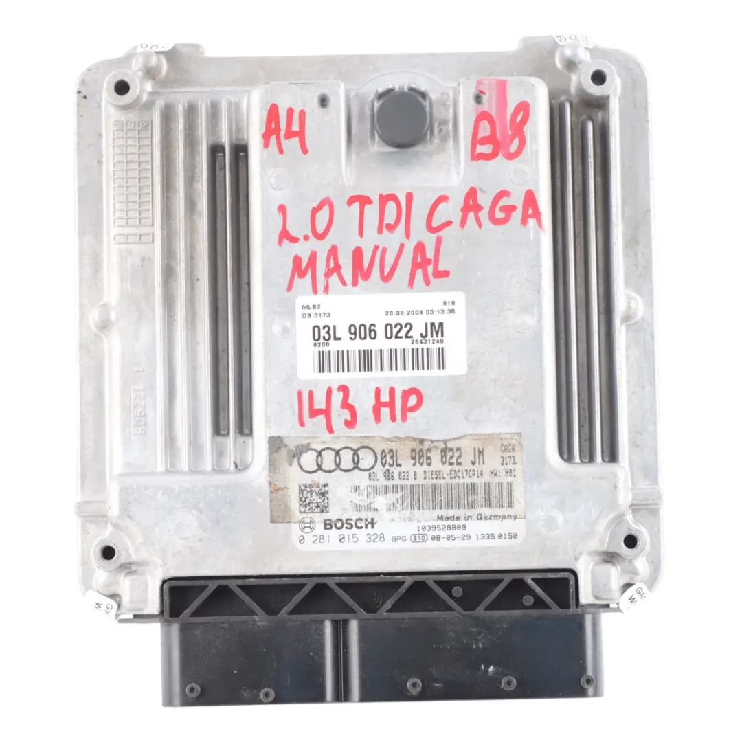 Audi A4 B8 2.0 TDI 143HP CAGA Diesel Engine Control Unit ECU Manual - SKU 03L906022JM - Part number 03L906022JM