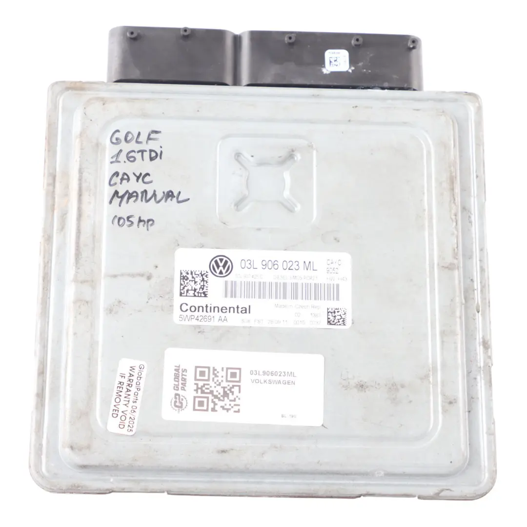 VW Volkswagen Golf Mk6 1.6 TDI 105 HP Diesel CAYC Engine ECU Manual - SKU 03L906023ML - Part number 03L906023ML