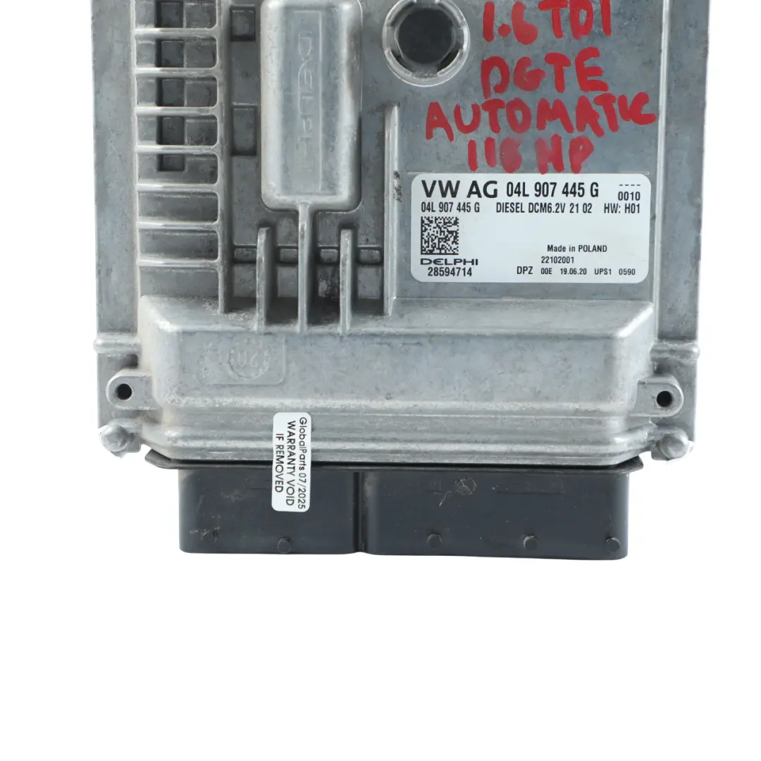 DGTE 115 HP Engine Control Unit ECU Automatic to Audi Q2 GA 1.6 TDI with Part number 04L907445G Audi Q2 GA 1.6 TDI DGTE 115 HP Engine Control Unit ECU Automatic - SKU 04L907445G - Part number 04L907445G