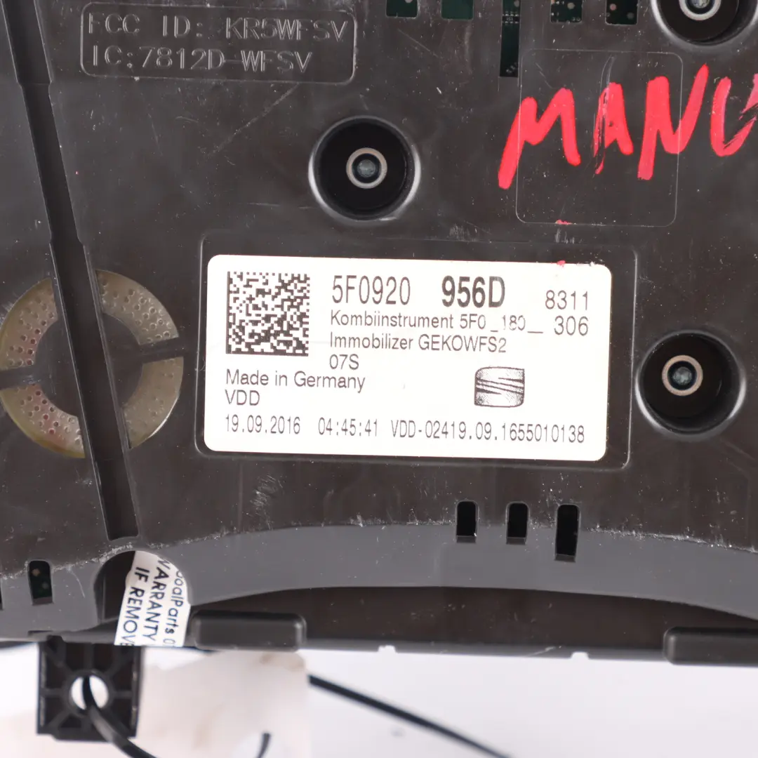 Seat Leon 5F Speedometer Instrument Cluster Manual Petrol Cupra Mk3 - SKU 5F0920956D - Part number 5F0920956D