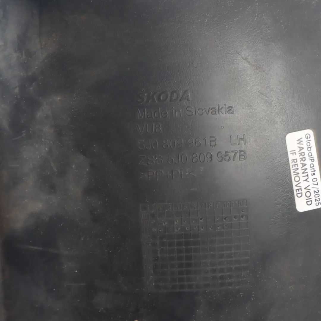 Arch Cover Front Left N/S Inner Lining Trim to Skoda Fabia 5J Wheel with Part number 5J0809957B Skoda Fabia 5J Wheel Arch Cover Front Left N/S Inner Lining Trim - SKU 5J0809957B - Part number 5J0809957B