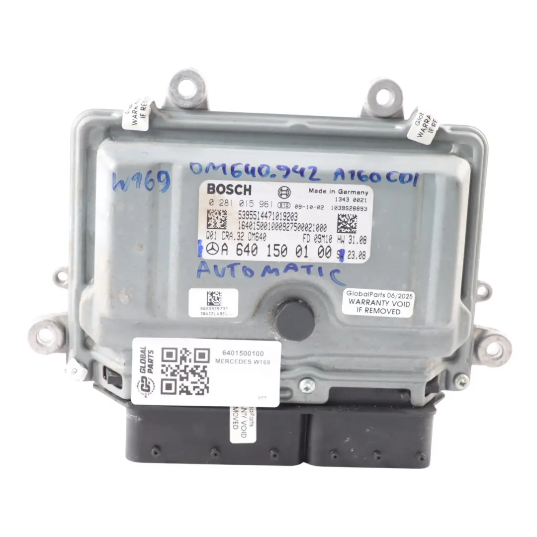 A160 CDI OM640.942 82 CV Calculateur Contrôle Moteur pour Mercedes W169 à propos du numéro de pièce A6401500100 Mercedes W169 A160 CDI OM640.942 82 CV Calculateur Contrôle Moteur - SKU A6401500100 - Numéro de pièce A6401500100