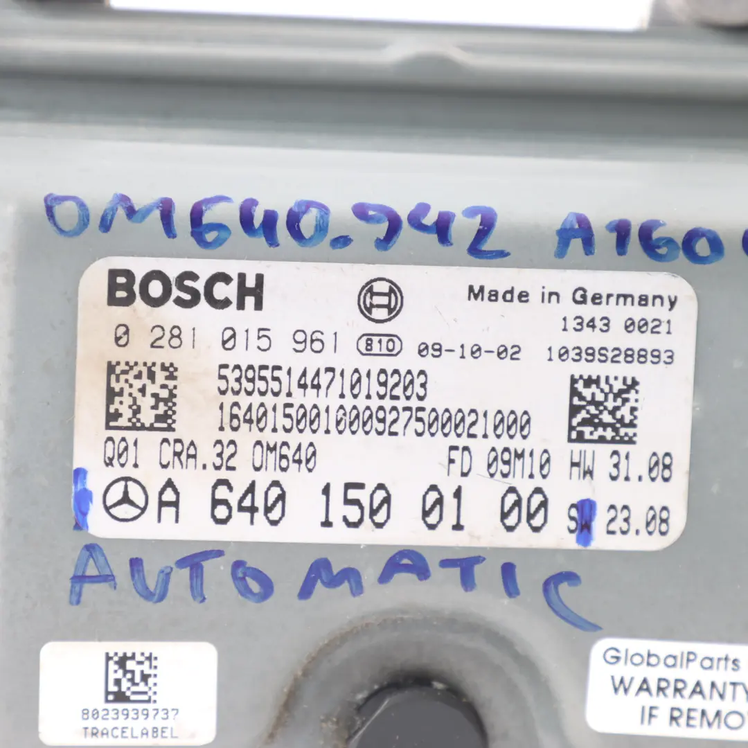 A160 CDI OM640.942 82HP Control Motor ECU Automático para Mercedes W169 con número de pieza A6401500100 Mercedes W169 A160 CDI OM640.942 82HP Control Motor ECU Automático - SKU A6401500100 - Número de pieza A6401500100