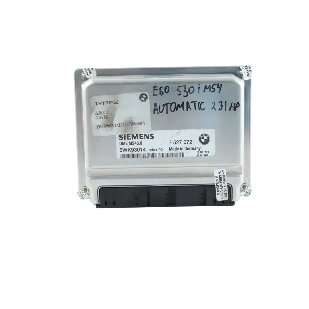 M54 231HP Engine ECU Kit DME + CAS2 + 2 Key Automatic to BMW E60 530i with Part number 7527072 BMW E60 530i M54 231HP Engine ECU Kit DME + CAS2 + 2 Key Automatic - SKU 7527072-12 - Part number 7527072