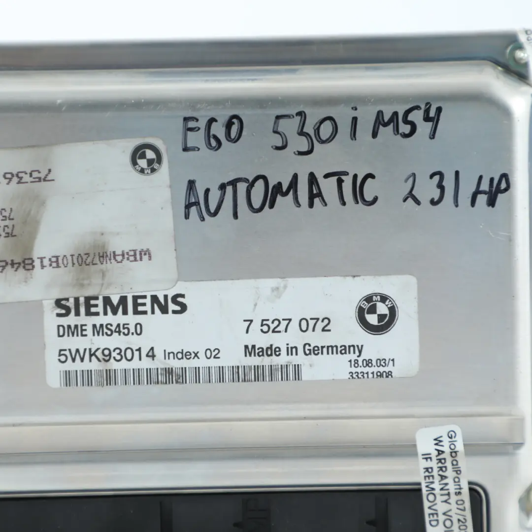 BMW E60 530i M54 231HP Engine ECU Kit DME + CAS2 + 2 Key Automatic - SKU 7527072-12 - Part number 7527072