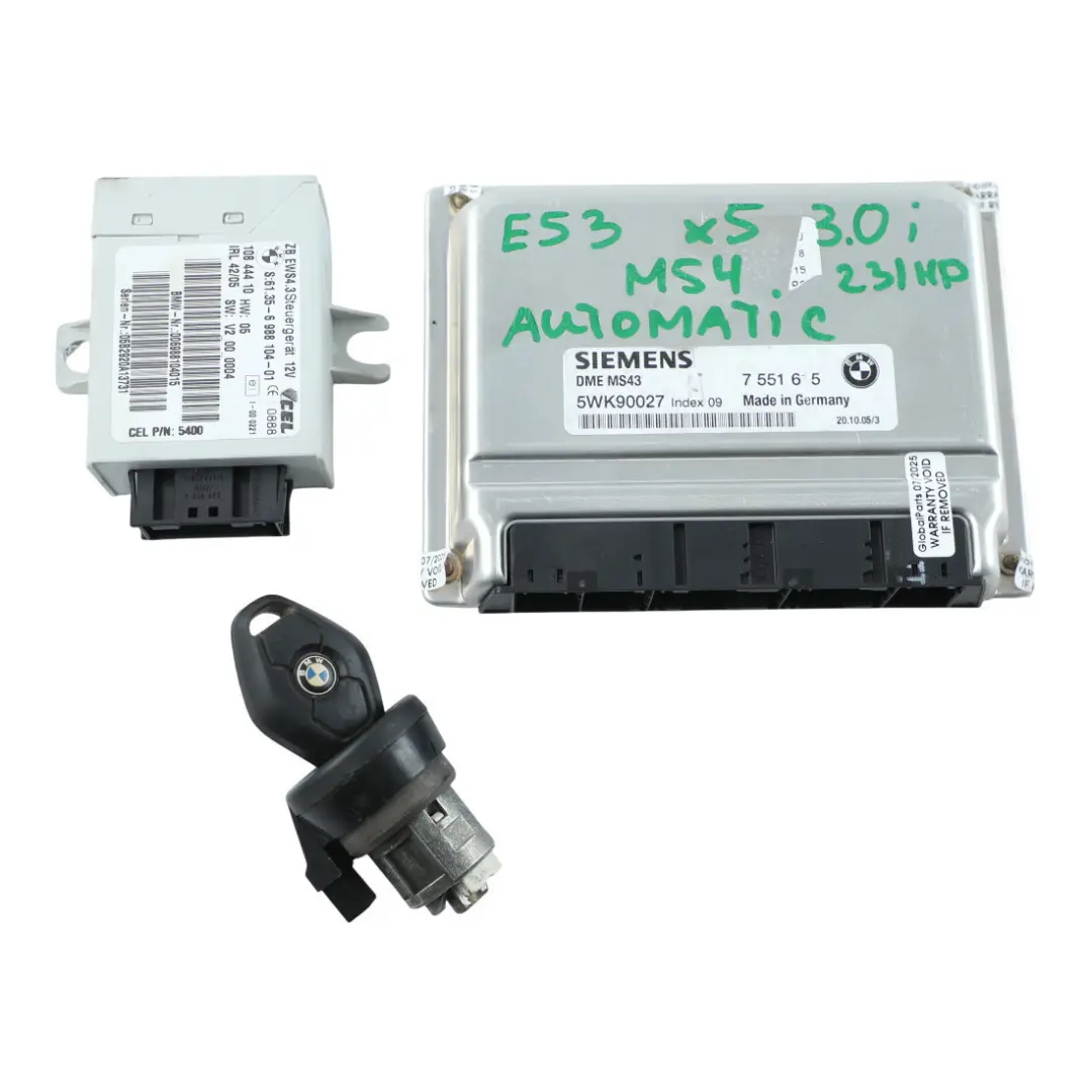 M54 3.0i 231HP Engine ECU Kit DME EWS4 + Key Automatic to BMW X5 E53 with Part number 7551615 BMW X5 E53 M54 3.0i 231HP Engine ECU Kit DME EWS4 + Key Automatic - SKU 7551615-1 - Part number 7551615