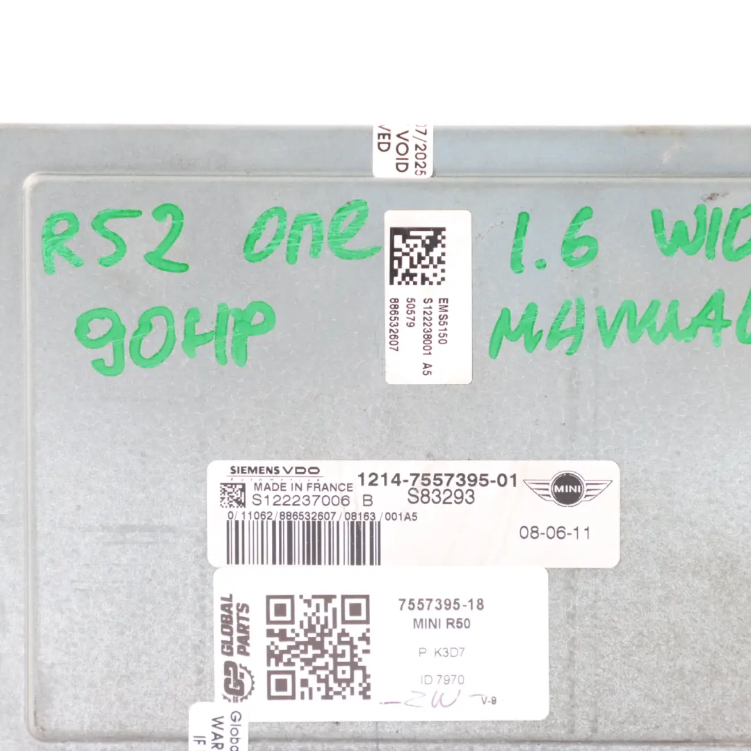 Mini R50 One 1.6 W10 90HP Komputer Sterownik Silnika ECU DME Zestaw - SKU 7557395-18 - Numer Części 7557395