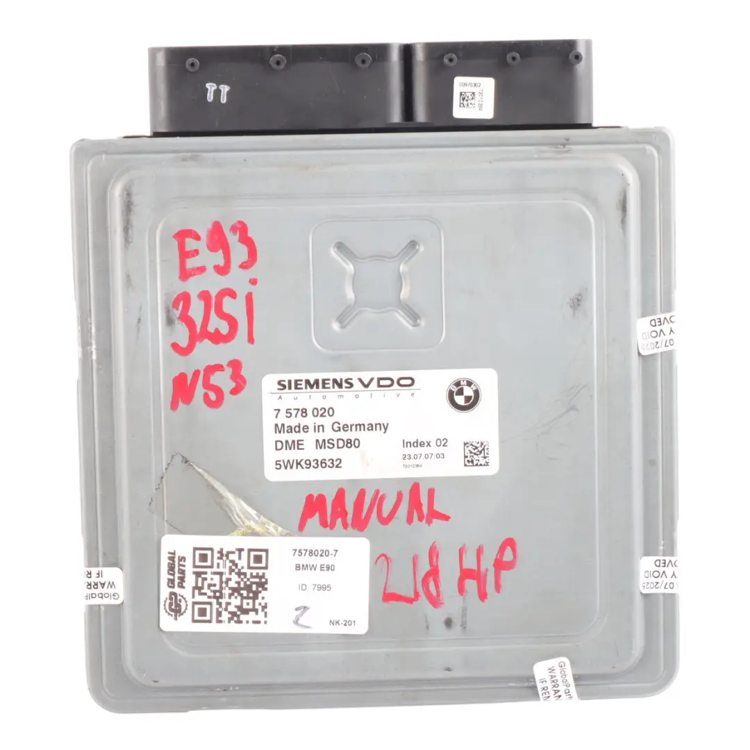N53 218HP Unité Commande Moteur ECU DME Manual pour BMW E60 E90 LCI 325I 525I à propos du numéro de pièce 7578020 BMW E60 E90 LCI 325I 525I N53 218HP Unité Commande Moteur ECU DME Manual - SKU 7578020-7 - Numéro de pièce 7578020