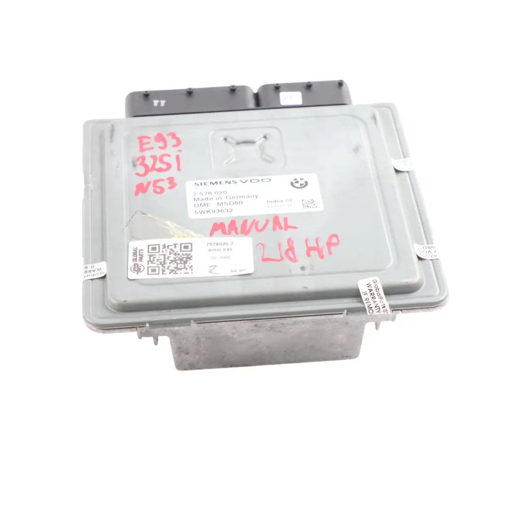 BMW E60 E90 LCI 325i 525i N53 218HP Engine Control Unit ECU DME Manual - SKU 7578020-7 - Part number 7578020