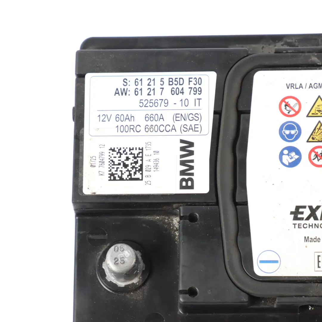 AGM Exide Car Battery 12V 60Ah 660A to BMW with Part number 7604799 BMW AGM Exide Car Battery 12V 60Ah 660A - SKU 7604799 - Part number 7604799