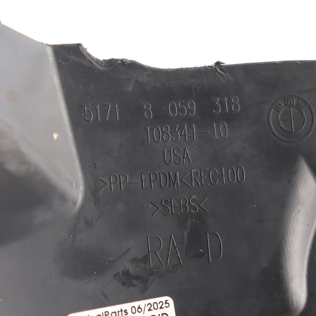 Front Wheel Arch Bottom Part Housing Cover Panel Right O/S to BMW X6 F16 with Part number 8059318 BMW X6 F16 Front Wheel Arch Bottom Part Housing Cover Panel Right O/S - SKU 8059318 - Part number 8059318