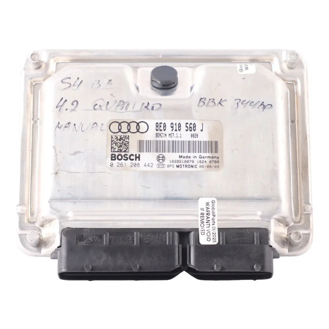 Audi S4 B6 4.2 V8 BBK Quattro 344HP Engine Control Module ECU Manual - SKU 8E0910560J - Part number 8E0910560J