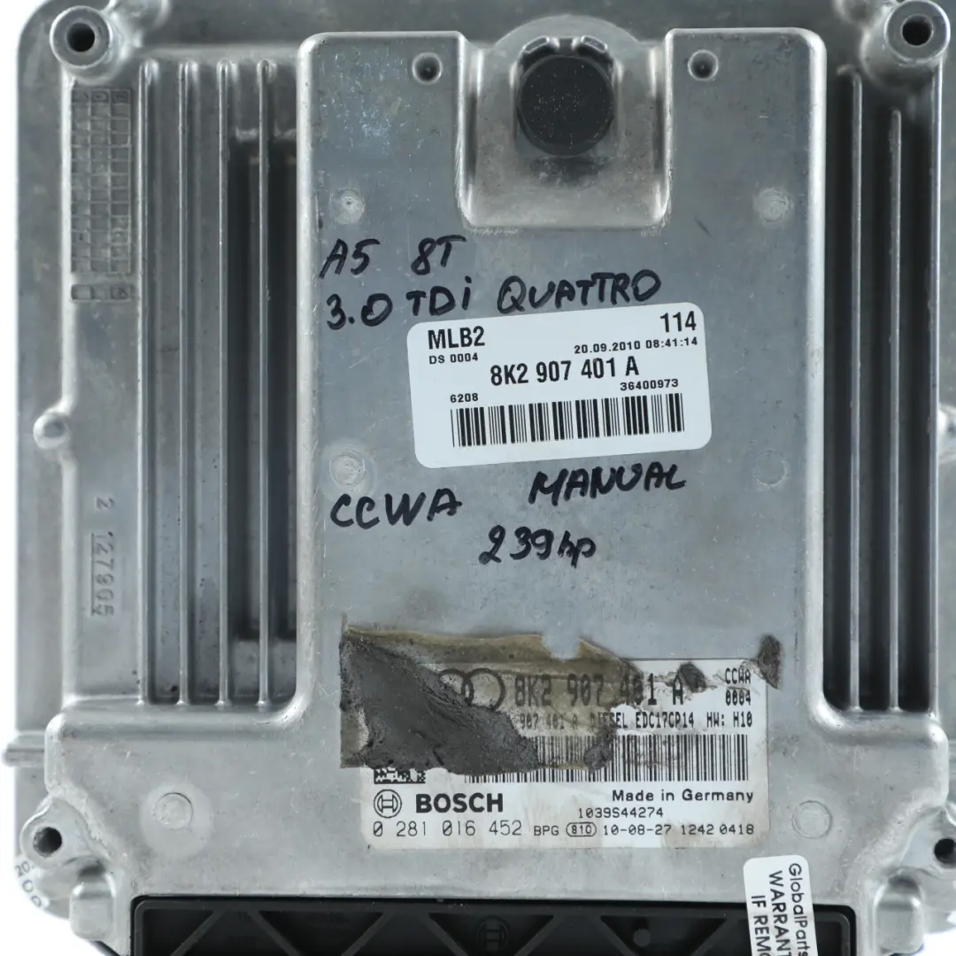 Audi A5 8T 3.0 TDI CCWA Quattro 239HP Engine ECU Kit 2 Keys Manual - SKU 8K2907401A-1 - Part number 8K2907401A