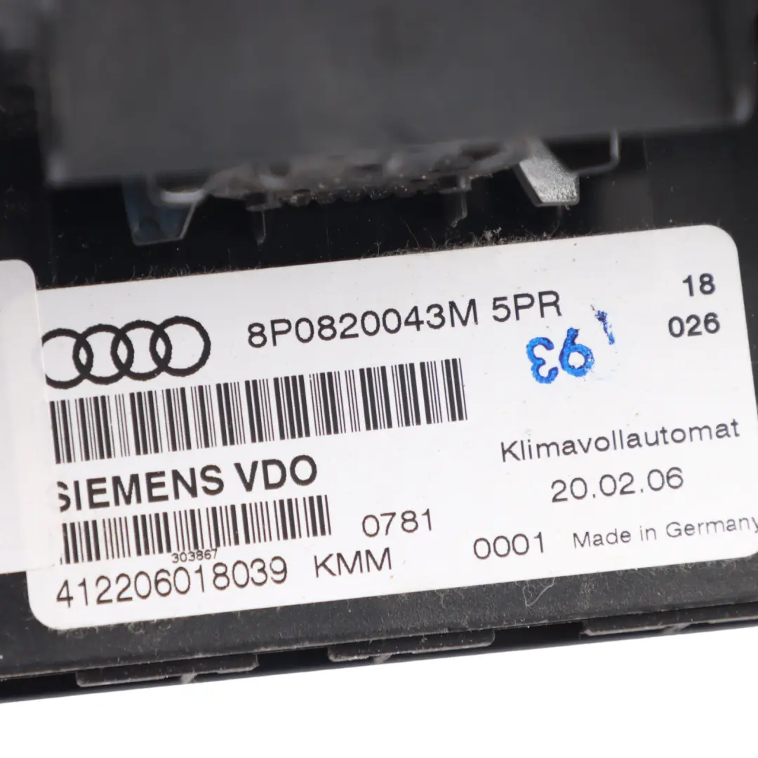 Audi A3 8P A/C Air Conditioning Climate Heater Control Panel - SKU 8P0820043M - Part number 8P0820043M