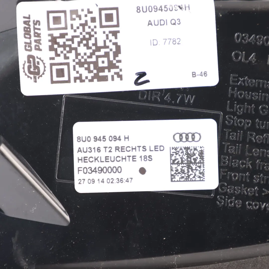 Audi Q3 8U Rear Trunk Boot Right O/S Inner Tailgate Lamp Light LED - SKU 8U0945094H - Part number 8U0945094H