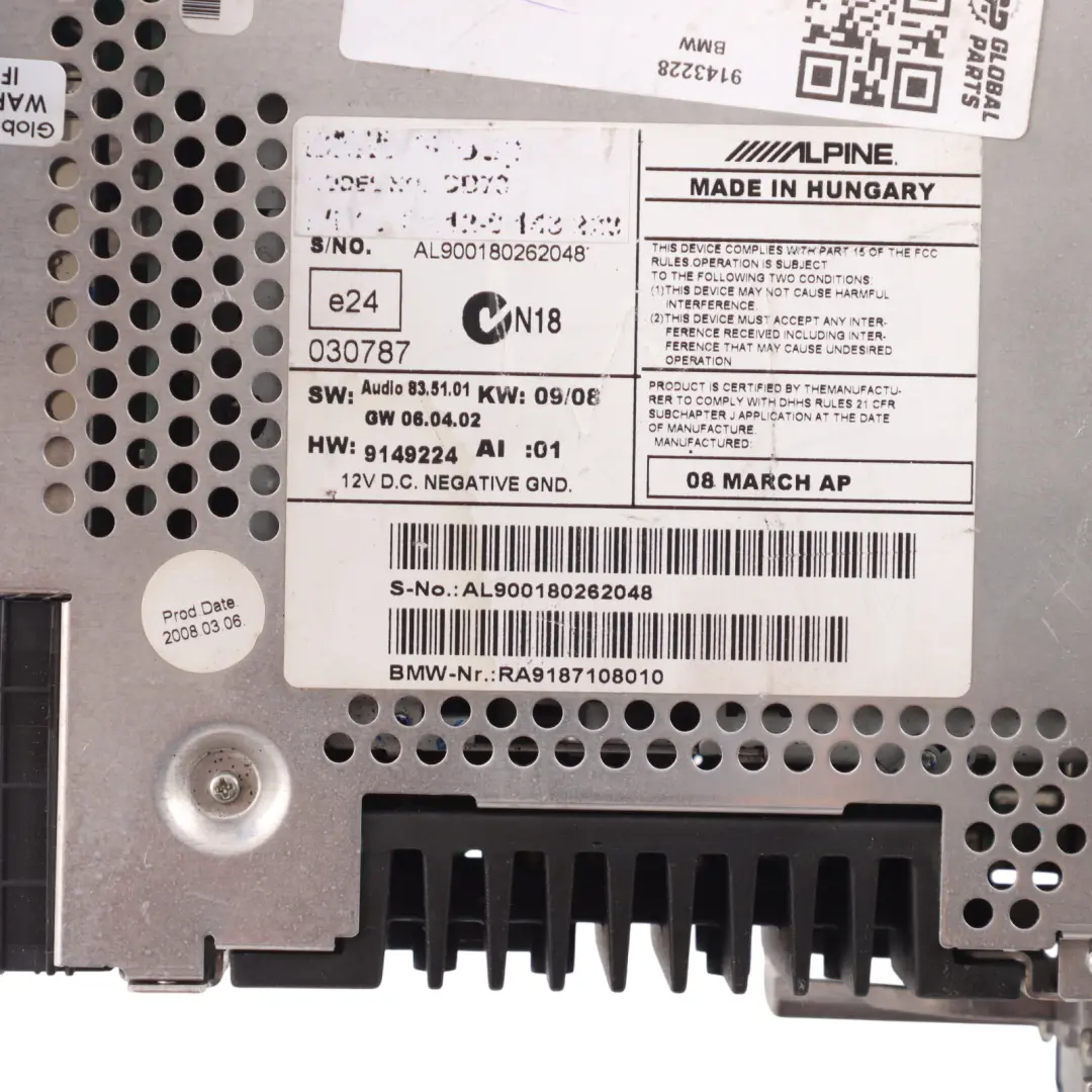  Radio Head Unit BMW E81 E82 E87 E90 E91 E92 Professional CD Player - SKU 9143228 - Part number 9143228