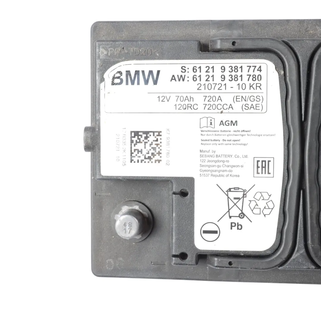 Sebang AGM Car Battery 12V 70Ah 720A 9878490 to BMW with Part number 9381780 BMW Sebang AGM Car Battery 12V 70Ah 720A 9878490 - SKU 9381780 - Part number 9381780