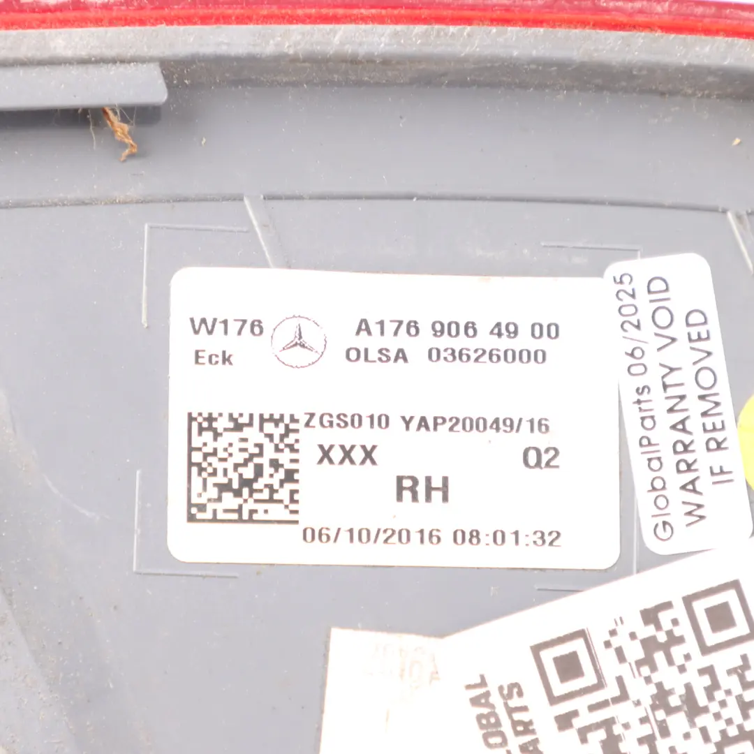 Right O/S Tail Light Lamp Side Panel to Mercedes W176 Rear with Part number A1769064900 Mercedes W176 Rear Right O/S Tail Light Lamp Side Panel - SKU A1769064900-2 - Part number A1769064900