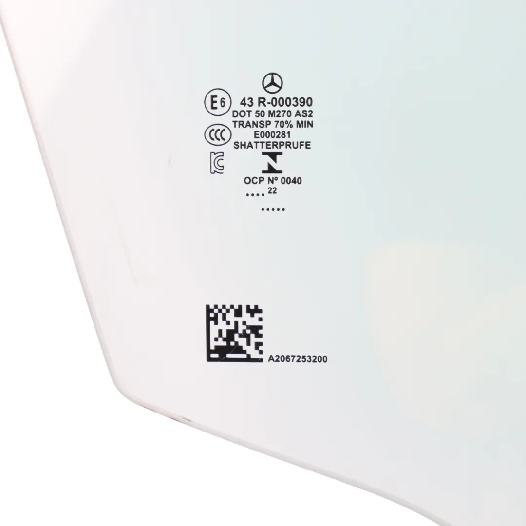 Front Right O/S Window Glass Green AS2 to Mercedes W206 with Part number A2067253200 Mercedes W206 Front Right O/S Window Glass Green AS2 - SKU A2067253200 - Part number A2067253200